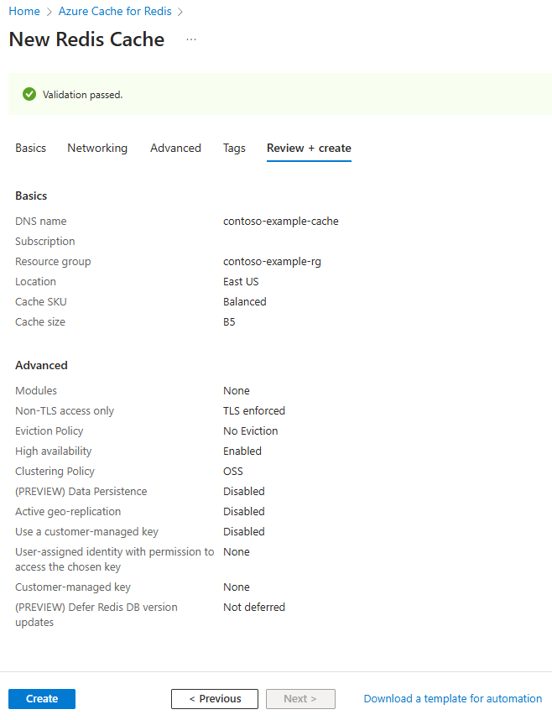 Screenshot showing the Azure Managed Redis Review + Create tab.