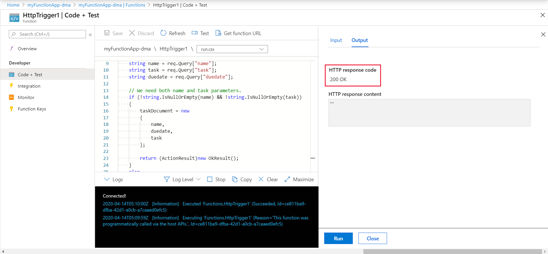 Screenshot shows the HTTP response code 200 status highlighted after selecting Run.