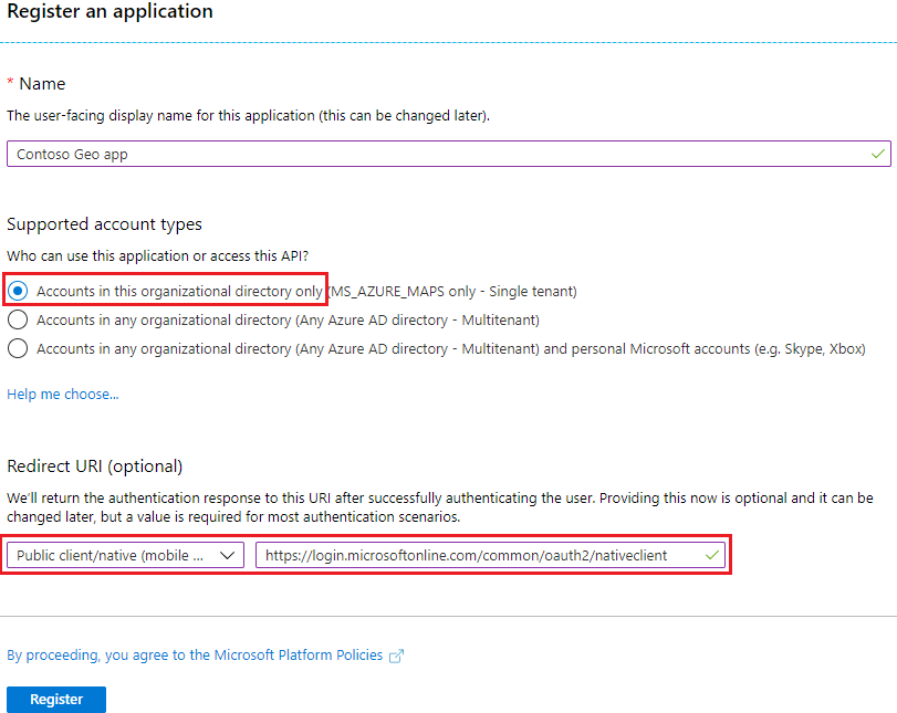 A screenshot showing the settings used to register an application.