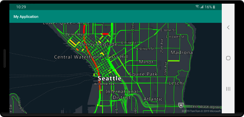 Map with color coded road lines showing traffic flow levels