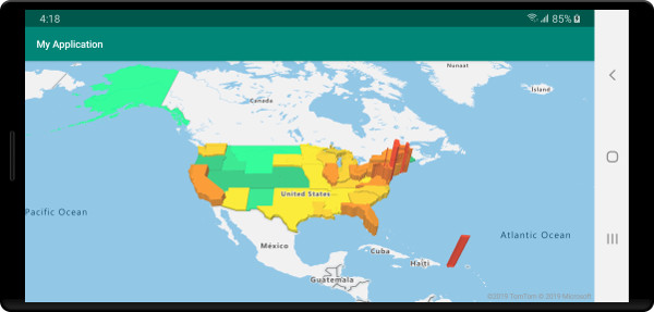 A choropleth map of US states colored and stretched vertically as extruded polygons based on population density