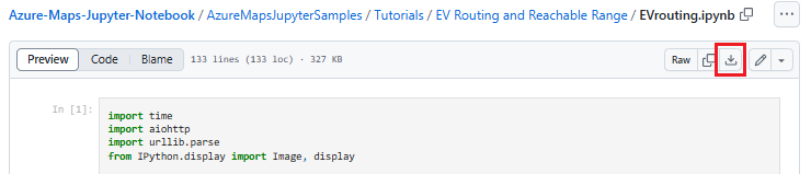 A screenshot showing how to download the Notebook file named EVrouting.ipynb from the GitHub repository.