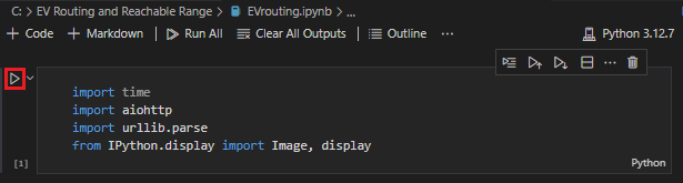 A screenshot showing how to download the first cell in the Notebook containing the required import statements with the run button highlighted.