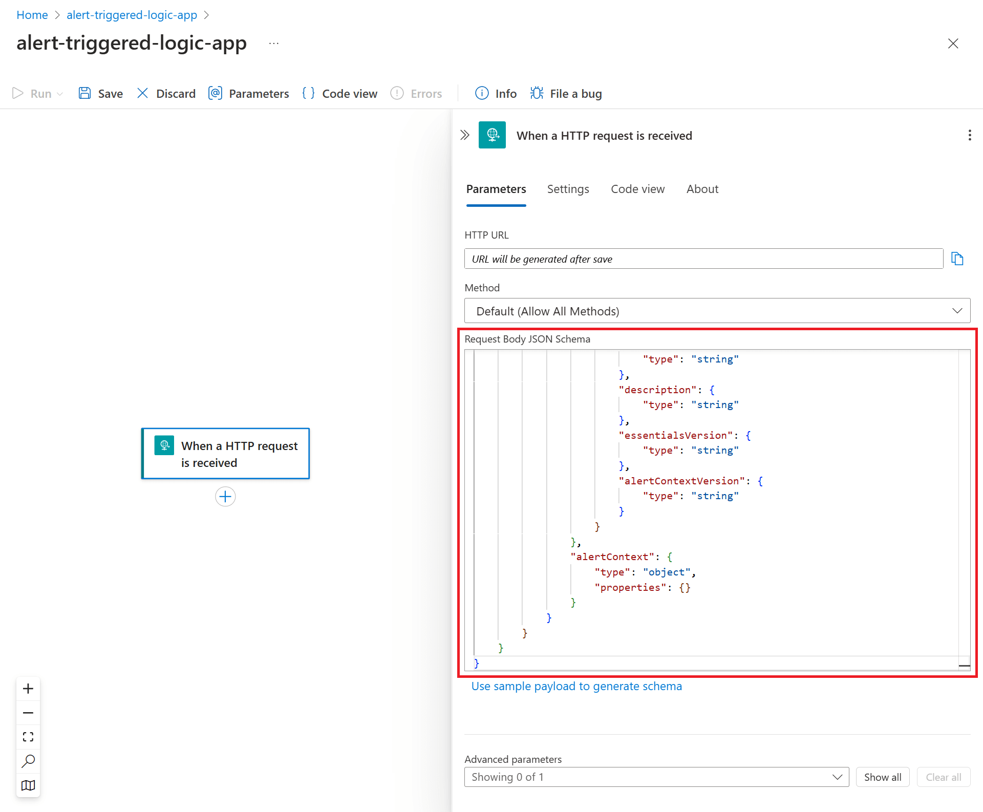 Screenshot that shows the Parameters tab for the When an HTTP request is received pane.