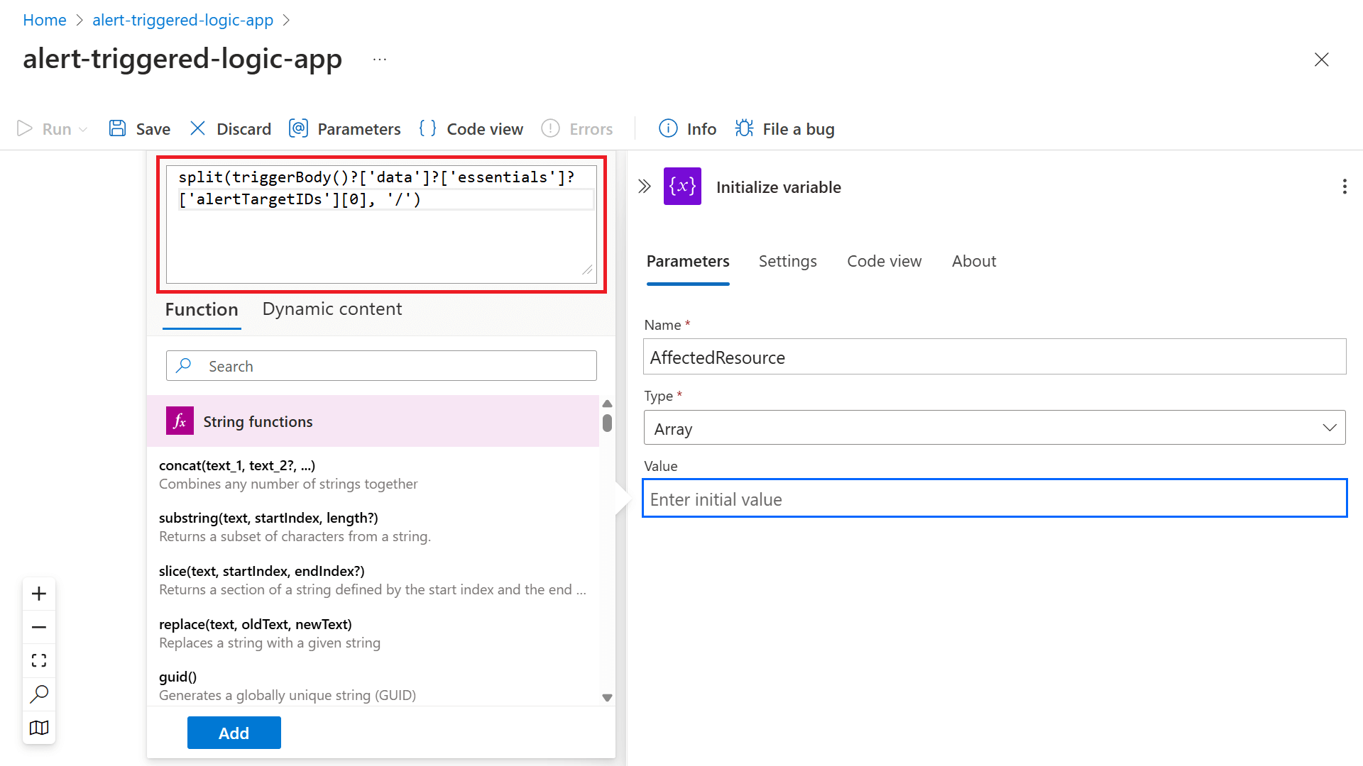 Screenshot that shows the Parameters tab for the Initialize variable pane.