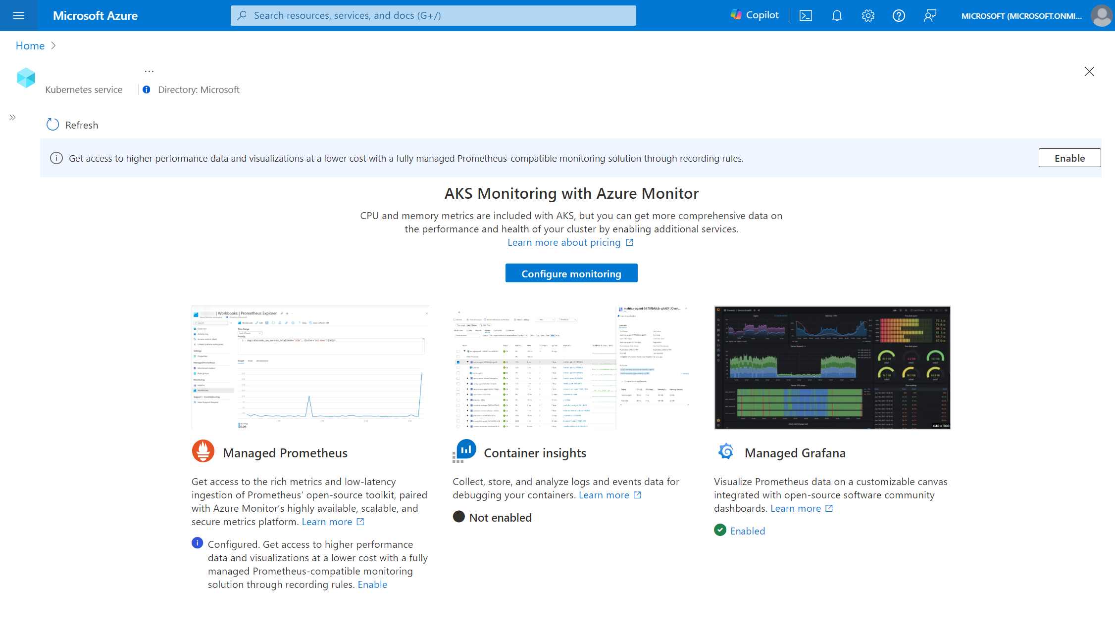 Screenshot of AKS cluster with Prometheus based Container Insights.