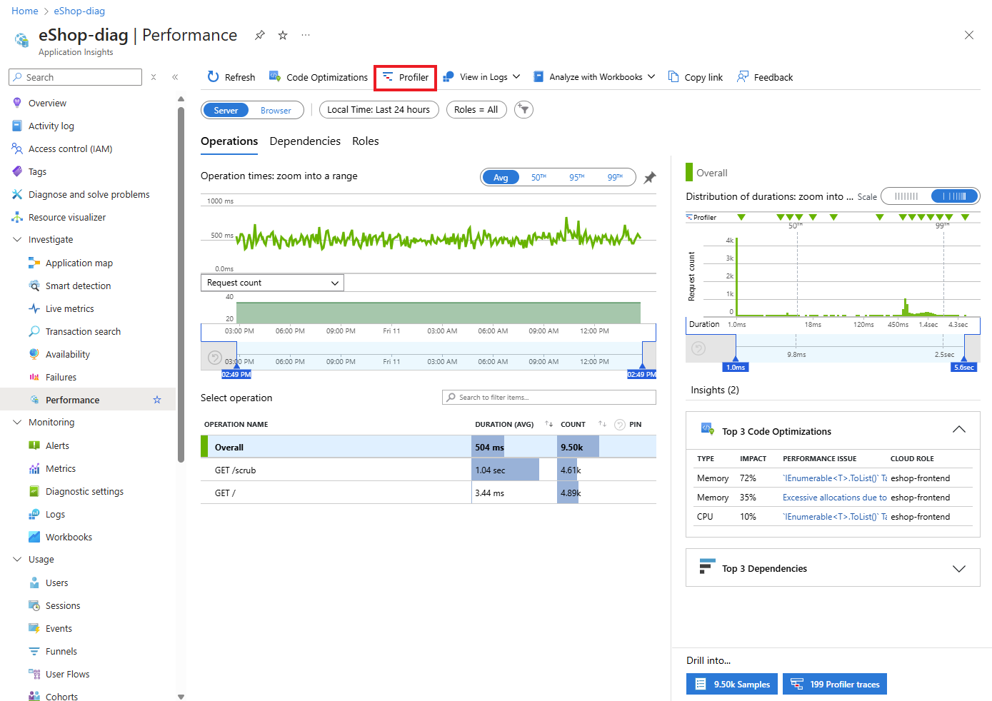 Azure portal screenshot that shows how to navigate to the Application Insights Profiler.