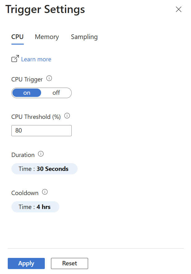 Screenshot that shows the Trigger Settings pane for C P U and Memory triggers.