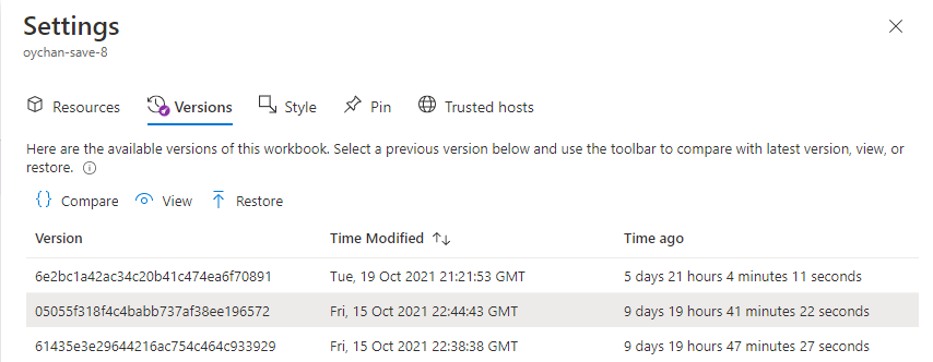 Screenshot that shows the versions tab of the workbook's Settings pane.