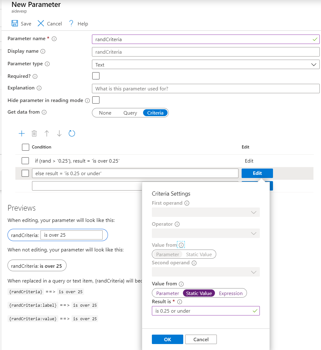 Screenshot that shows the Criteria Settings default form filled.