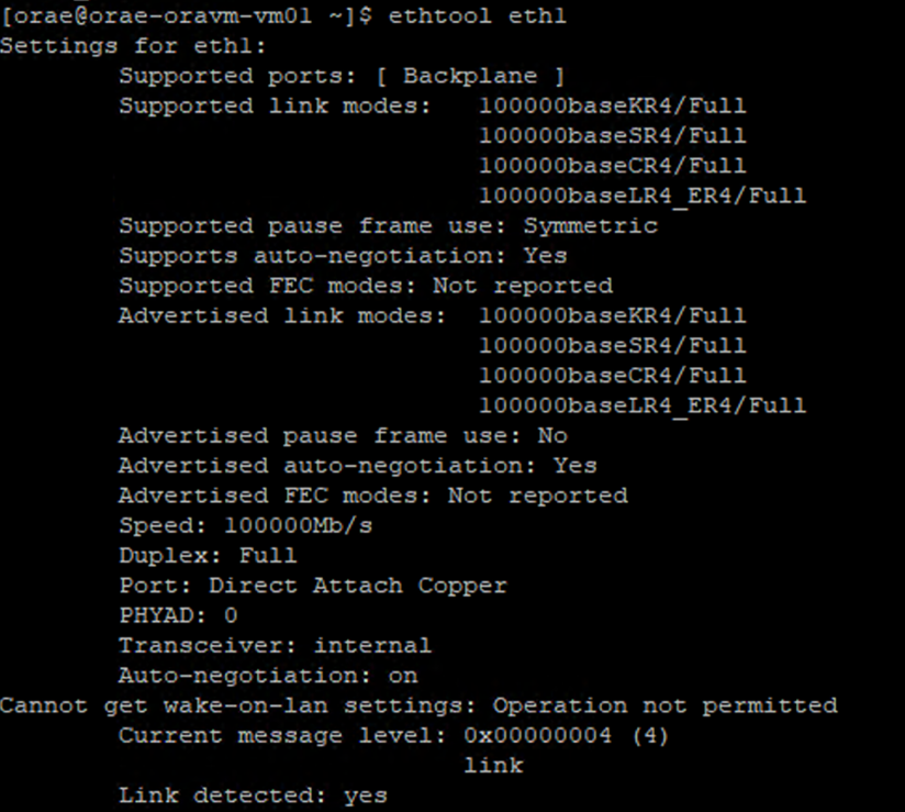 Screenshot of output of settings for eth1.