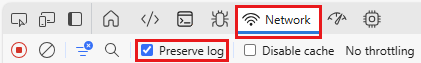 Screenshot that highlights the Preserve log option on the Network tab in Edge.