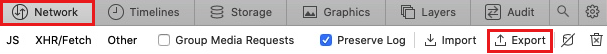 Screenshot of the Export command in the Network tab on Safari.