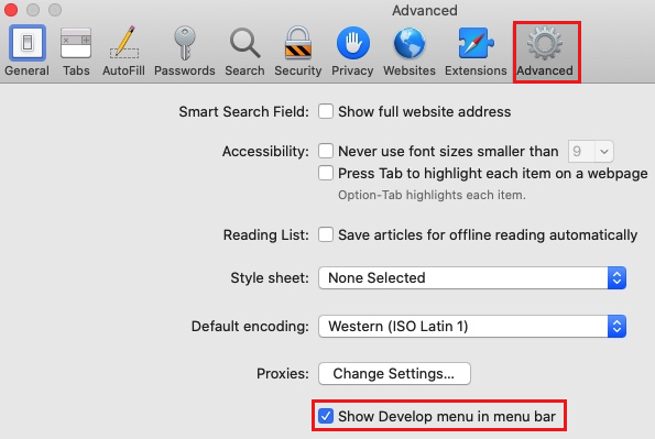 Screenshot of the Safari Advanced Preferences options.