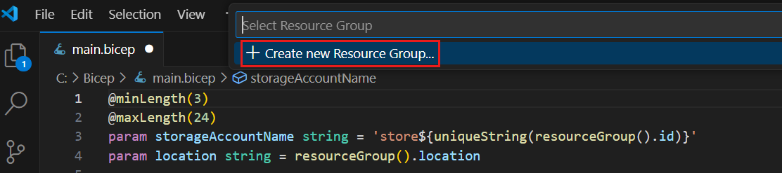 Screenshot of the Create new Resource Group option.