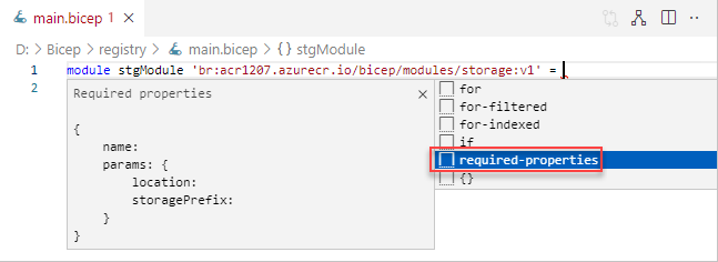 Visual Studio Code Bicep extension required properties