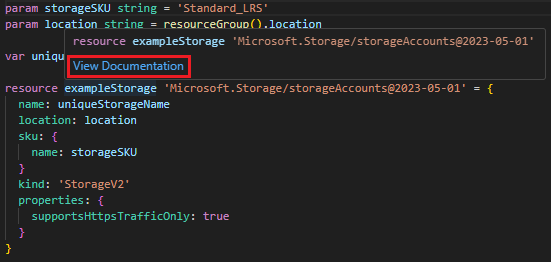 Screenshot of Visual Studio Code Bicep view type document.