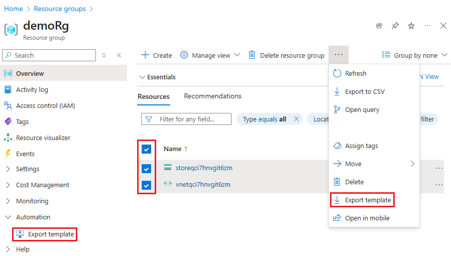 Screenshot of selecting all resources for export in Azure portal.