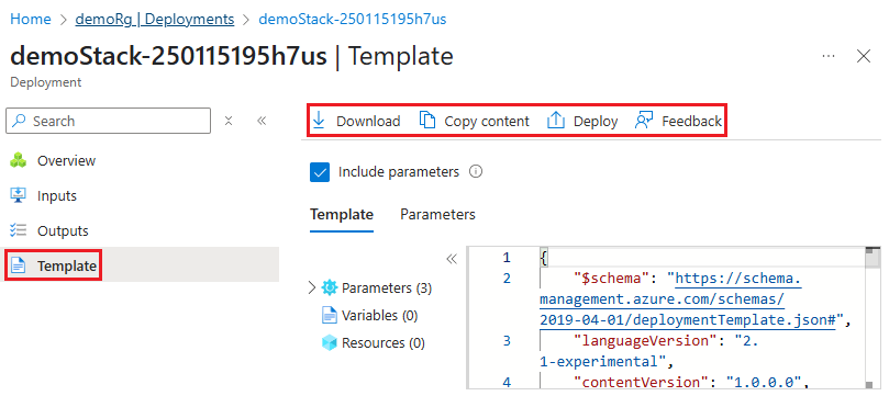 Screenshot of selecting the template used for a specific deployment in Azure portal.