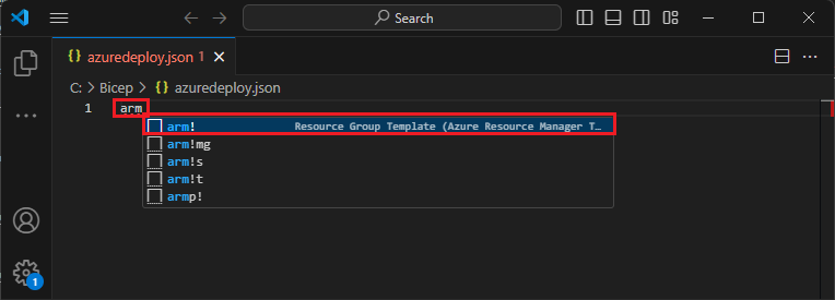 Screenshot showing Azure Resource Manager scaffolding snippets.