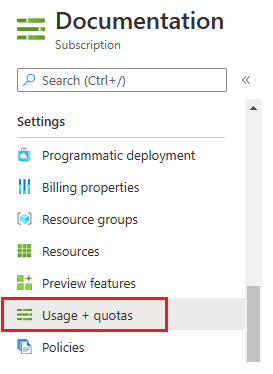Screenshot of the subscription settings page, highlighting the 'Usage + quotas' option in the menu.