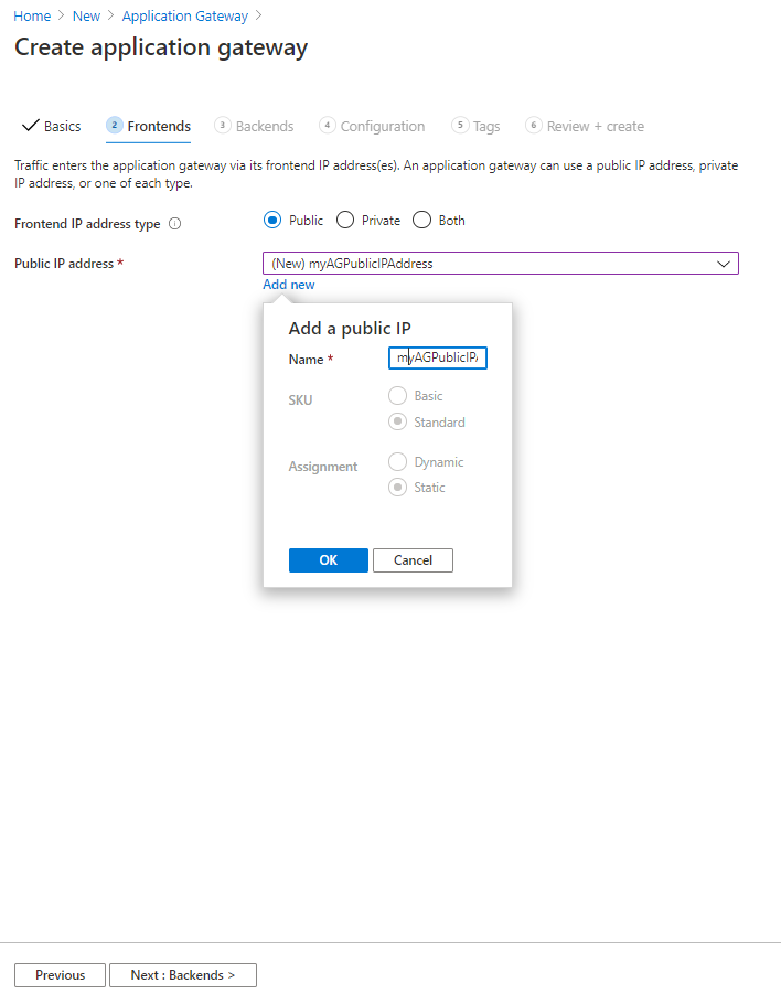Screenshot of creating Application Gateway instance with Frontends tab.