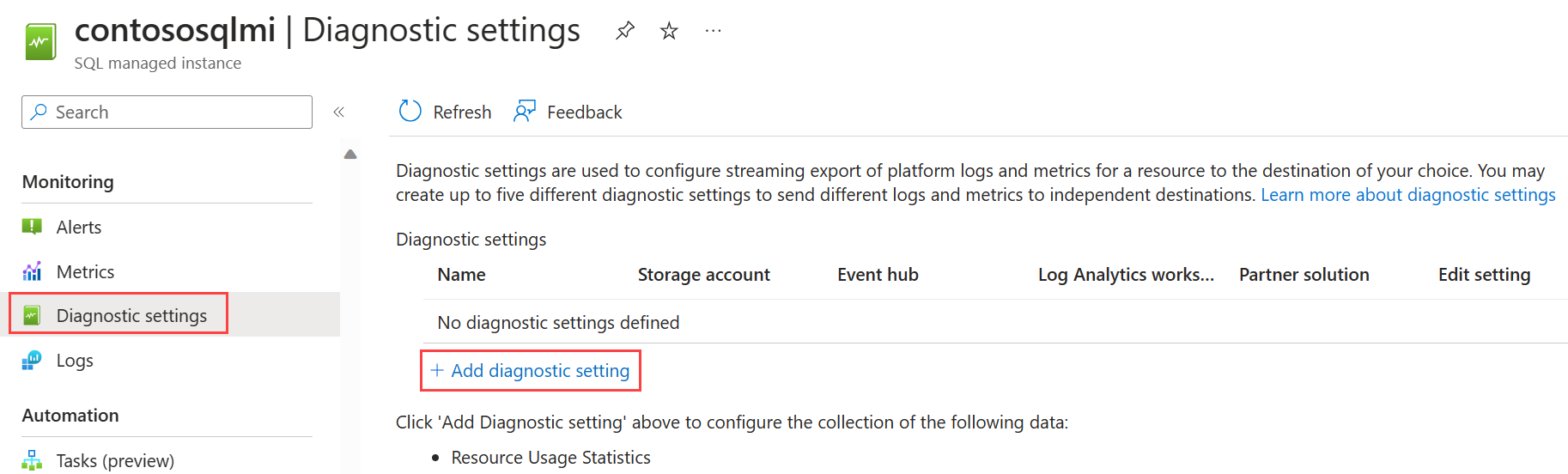 Enable diagnostics for managed instance.