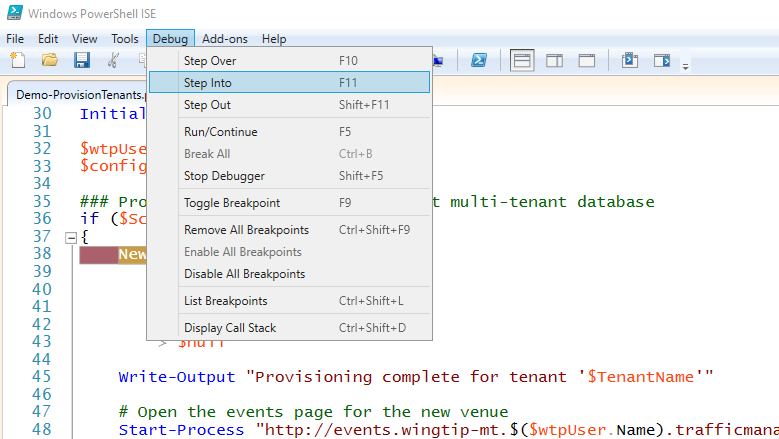 Screenshot shows the Windows PowerShell ISE with the Debug menu open and Step Into selected.