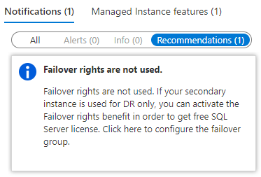 Screenshot that shows the SQL Managed Instance overview pane, and recommendations showing failover rights aren't used.