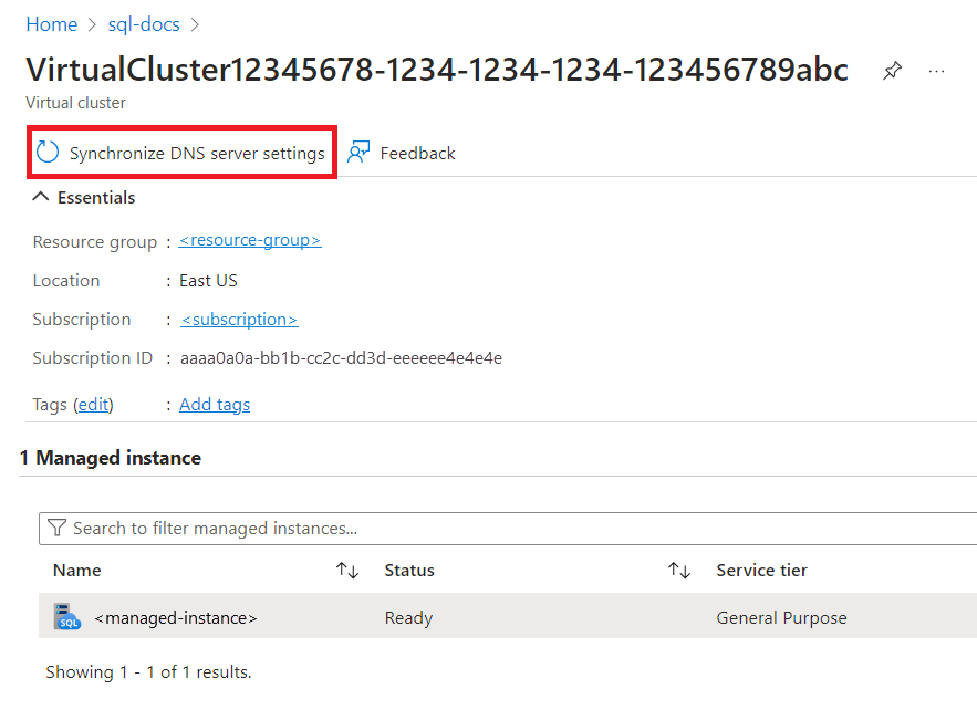 Screenshot showing the Synchronize DNS server settings action on the virtual cluster's overview page.