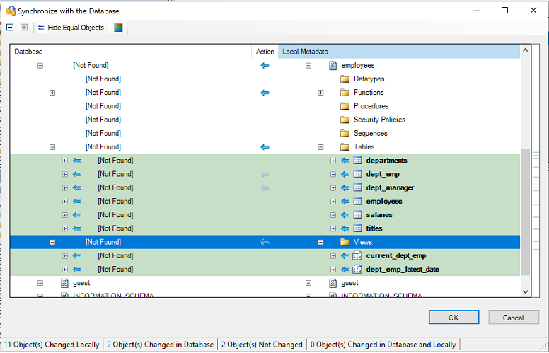 Screenshot of the "Synchronize with the Database" pane for reviewing database mapping.