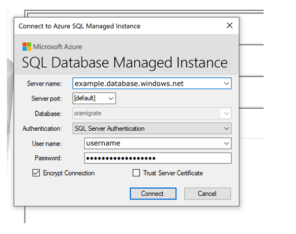 Screenshot that shows step to connect to  sql target.