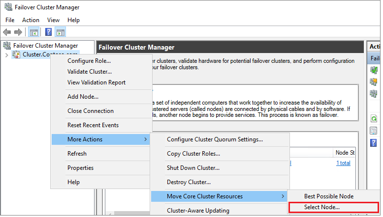 Screenshot that shows Test cluster failover by moving the core resource to the other nodes.