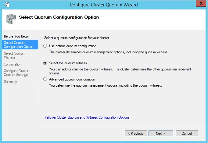 Snapshot of the 'select the quorum witness' radio button in the Cluster Quorum wizard