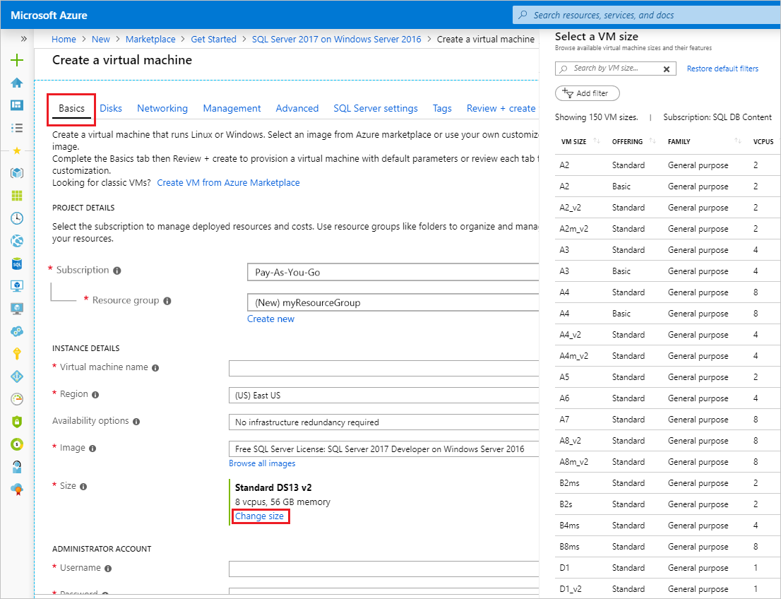 Choose VM size pane