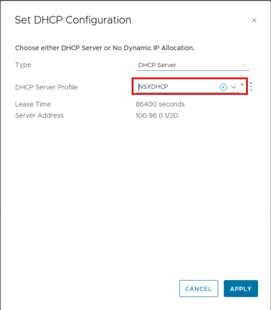 Screenshot showing how to edit the NSX Tier-1 Gateway for using a DHCP server.