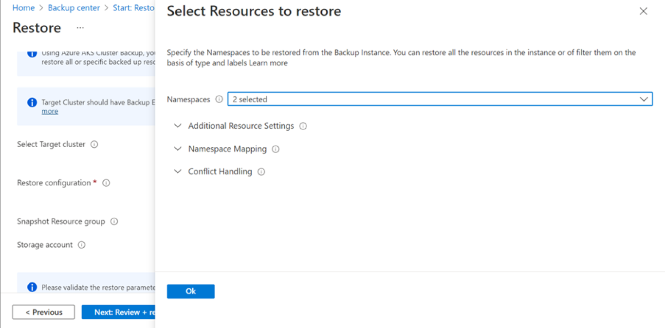 Screenshot shows the Select Resources to restore page.