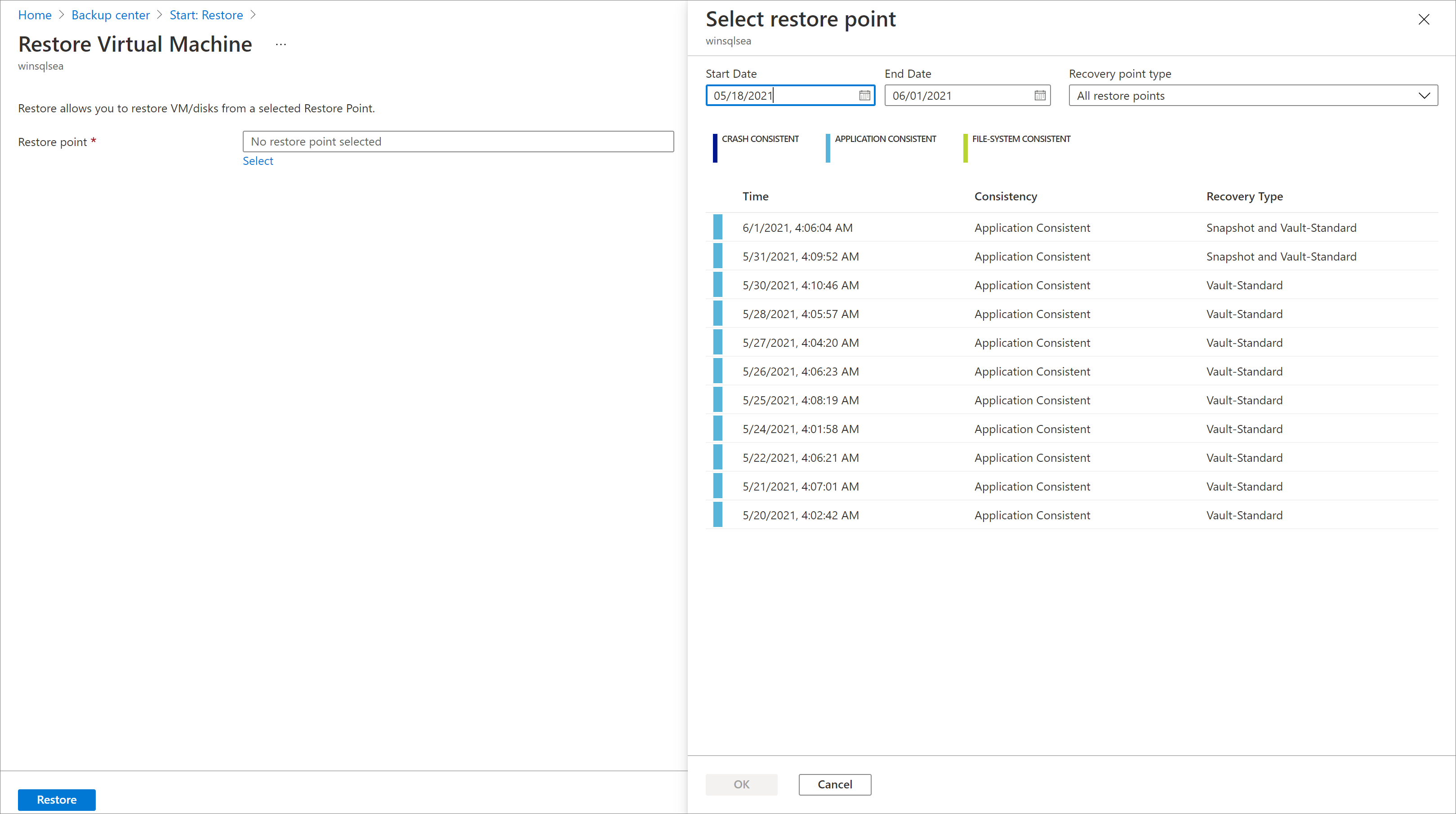 Select restore point for a virtual machine