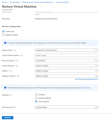 Screenshot for selecting the user-managed identity by providing the input as their MSI Resource ID.