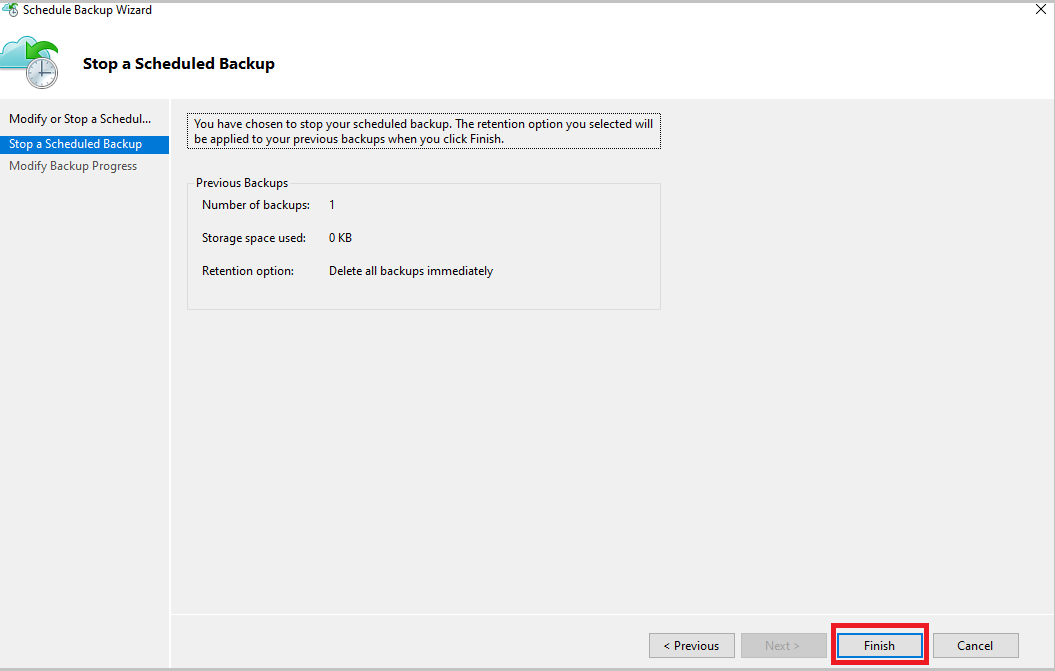 Screenshot shows how to stop a scheduled backup and select finish.