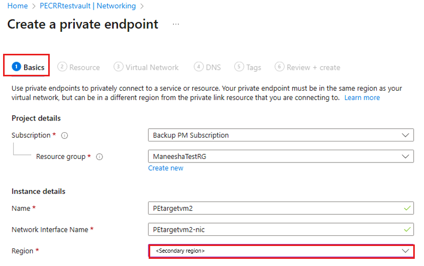 Screenshot shows how to select the region for restore to the secondary region.