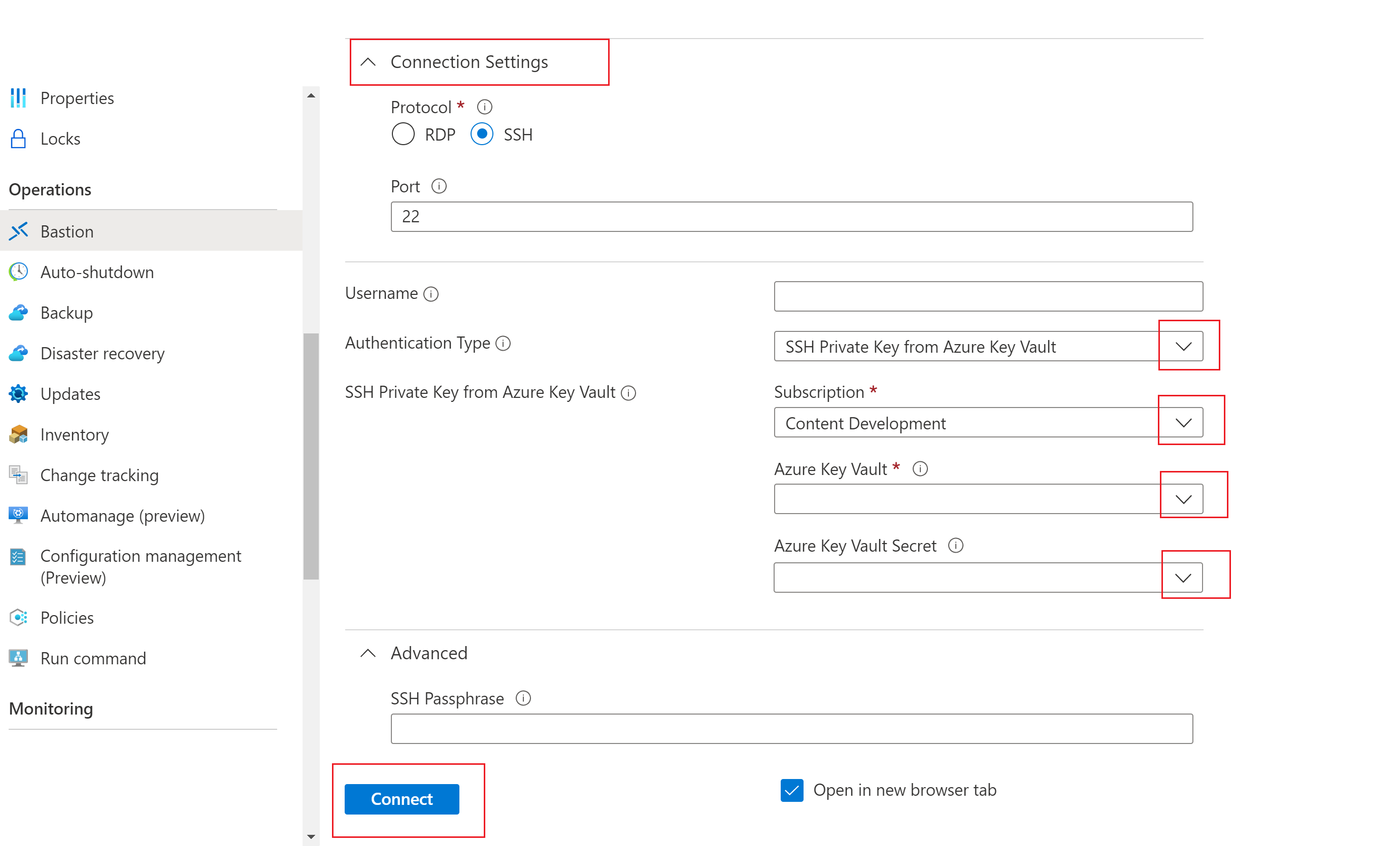 Screenshot shows Private key stored in Azure Key Vault authentication.