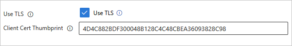 Screenshot shows Standard workflow, MQ built-in connection box, Use TLS property selected, and Client Cert Thumbprint property with thumbprint value.