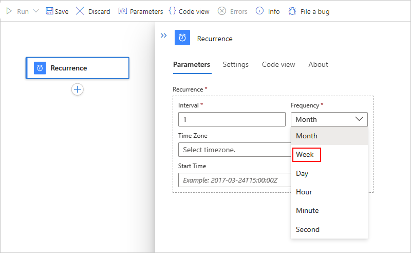 Screenshot for Consumption workflow designer with Recurrence trigger interval and frequency.