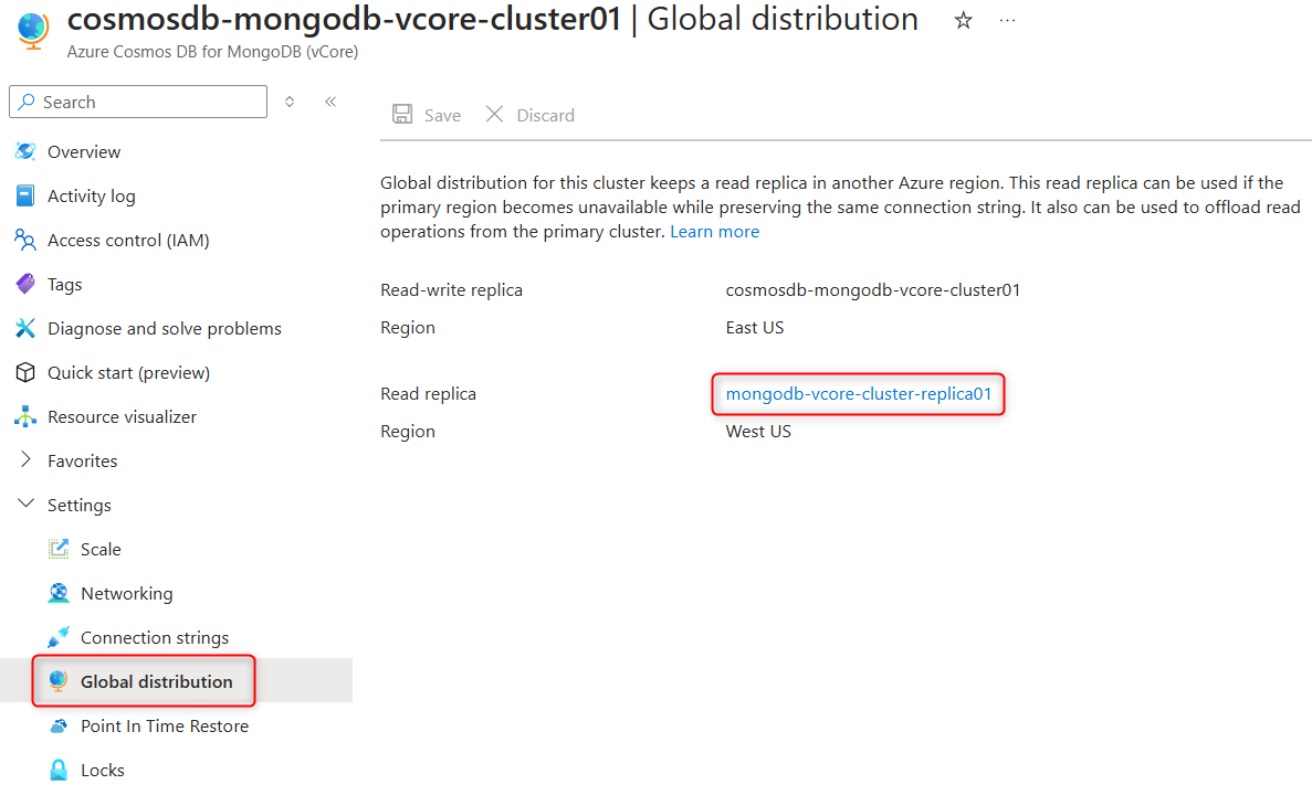 Screenshot of the cluster Global distribution page with a link to replica cluster in Azure portal.