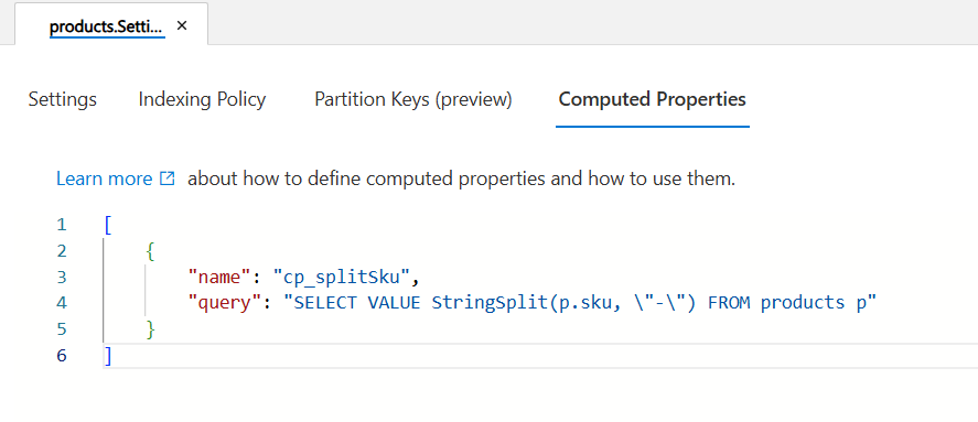 Screenshot of the computed properties JSON editor in the Data Explorer interface.