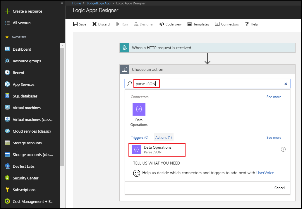 Screenshot showing data operations - parse JSON.