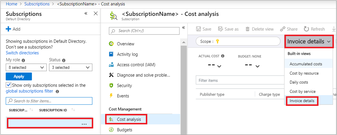 Screenshot showing the invoice details selection.