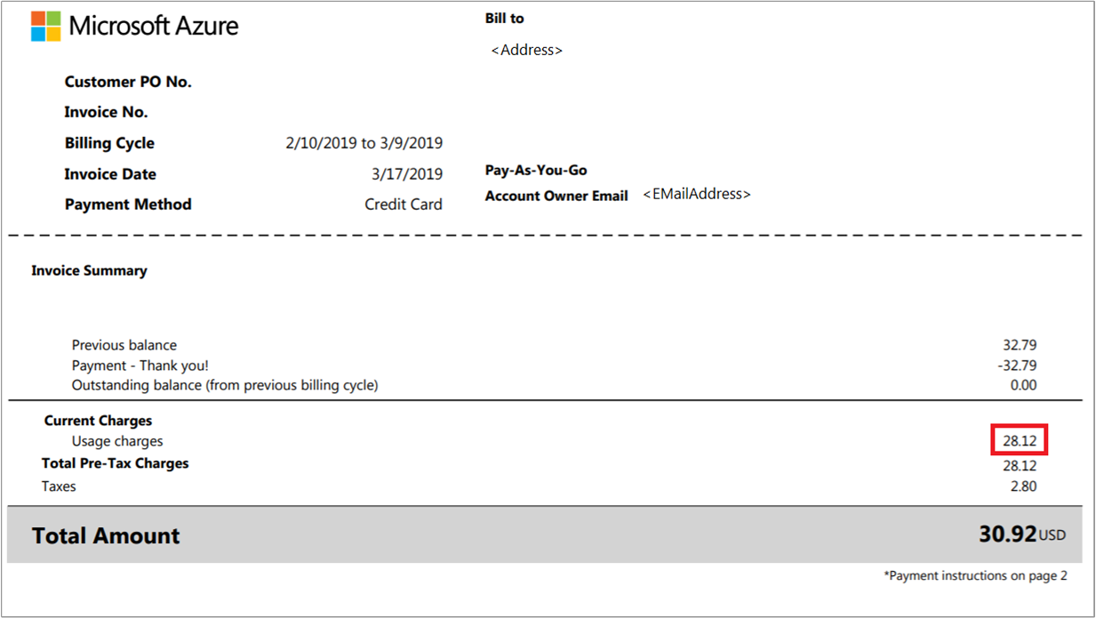 Screenshot showing an example Azure Invoice.