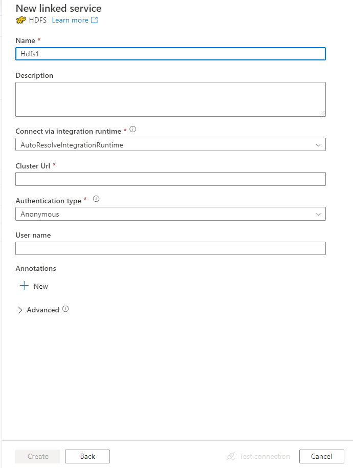 Configure a linked service to HDFS.